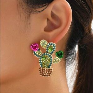 Rhinestone Cactus Statement Earrings | Western Boho Fiesta Jewelry